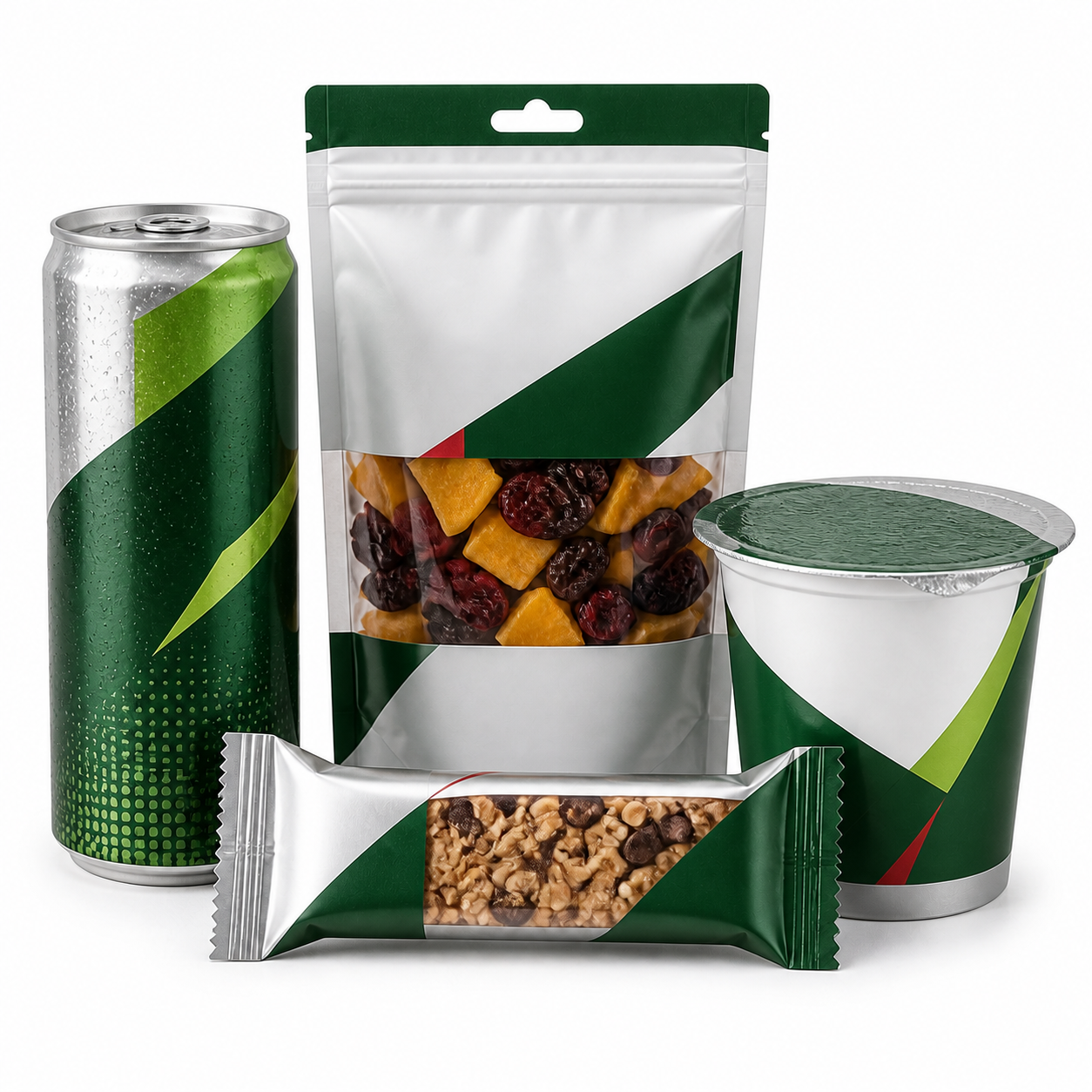 Sealed dried fruit, unopened yogurt, wrapped protein bar and energy drink can
